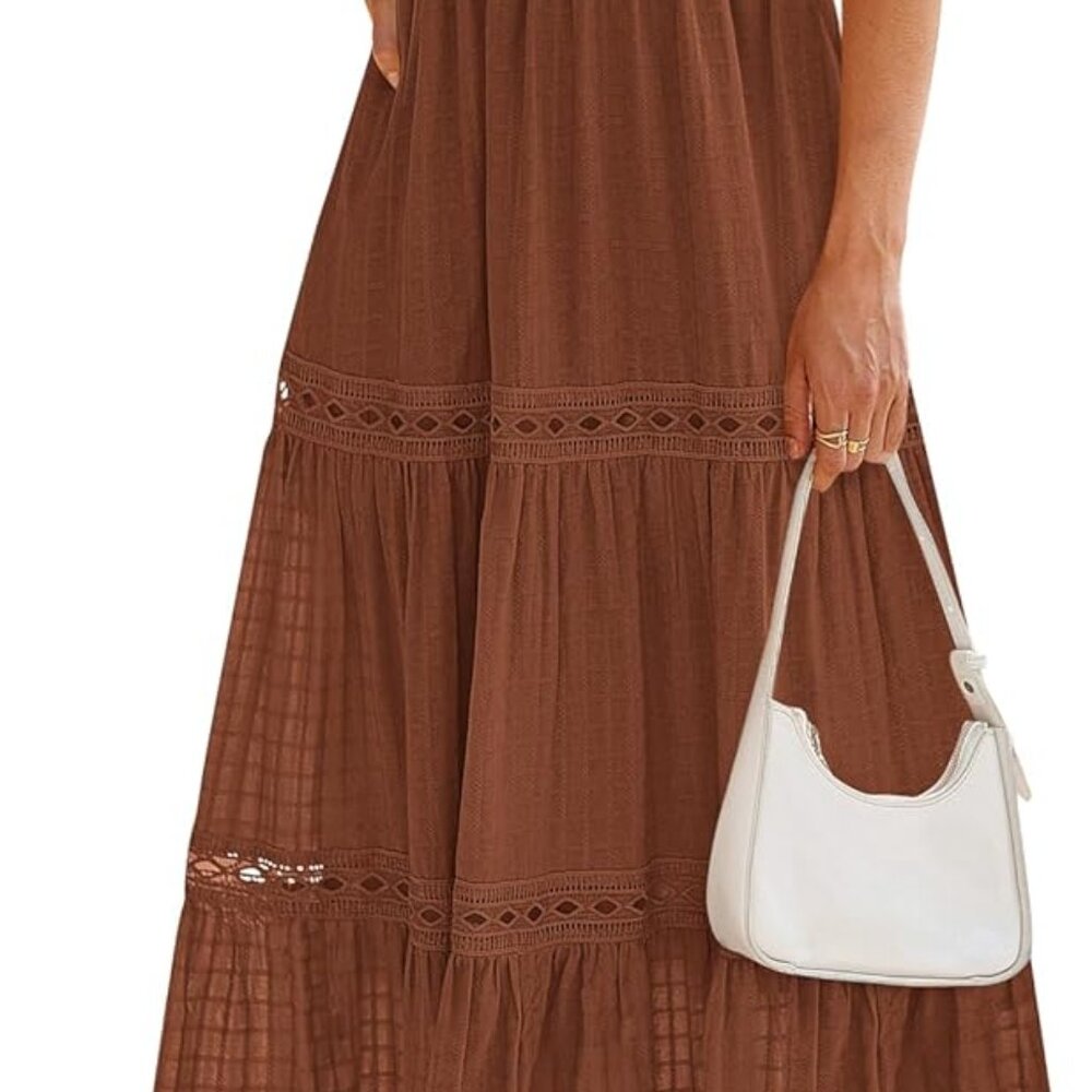 Summer Dresses For Women 2025 Casual Boho Hollow Out Short Sleeve Ruffle Mock Ne